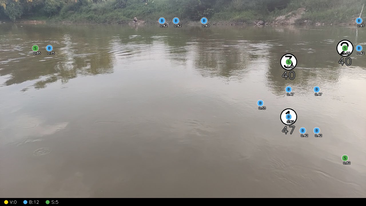 水动力分析结果图：河面标注出的反流与剪切线特征点，以及 3 个推荐区域编号